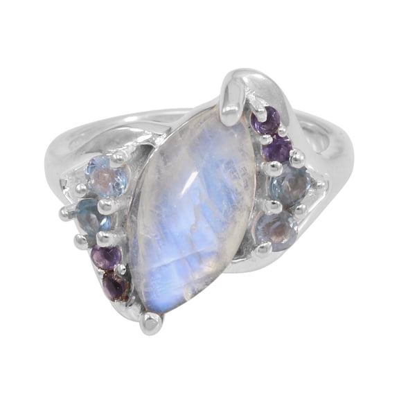 Earth Gems Jewelry Rainbow Moonstone Ring-Blue Topaz Ring-Amethyst Ring Sterling Silver Marquise Gemstone Ring Statement Ring for Women's
