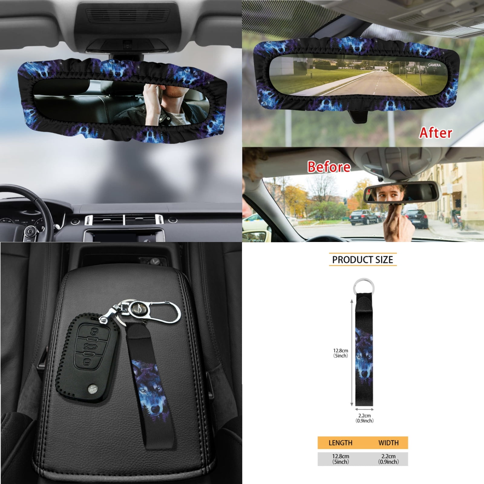 Garronmavis Star Wolf 15 PCS Universal Fit Car Seat Cover Full Set Cup Mats Car Seat Covers Steering Wheel Cover Keychain Car Trash Can Car Dash Accessories Auto Rear View Mirror Covers