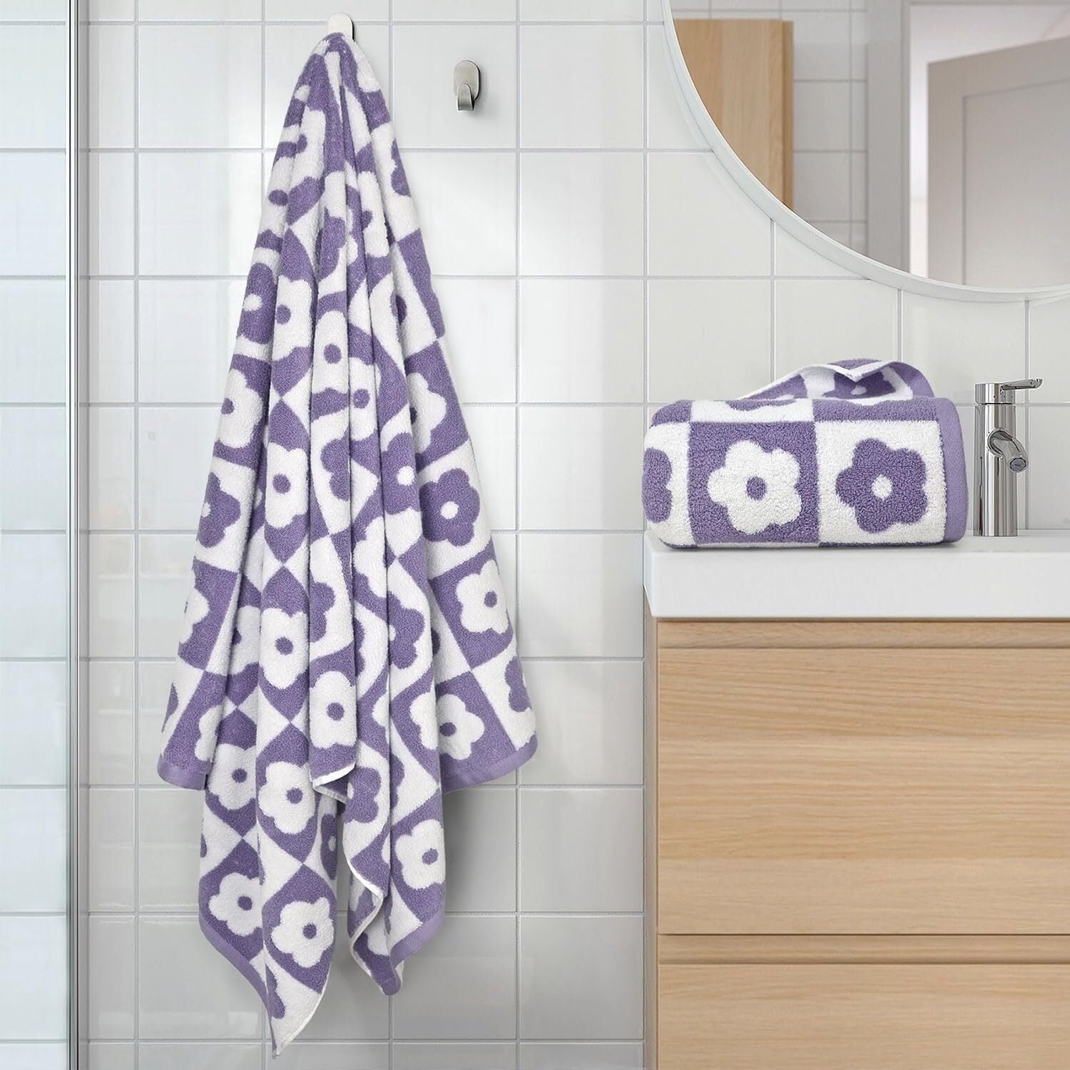 2-Pieces Luxury Bath Towels Checkered Floral, Pink Shower Towel for Women Girls 27.5x55 Inches, 100% Cotton Absorbent Body Towels