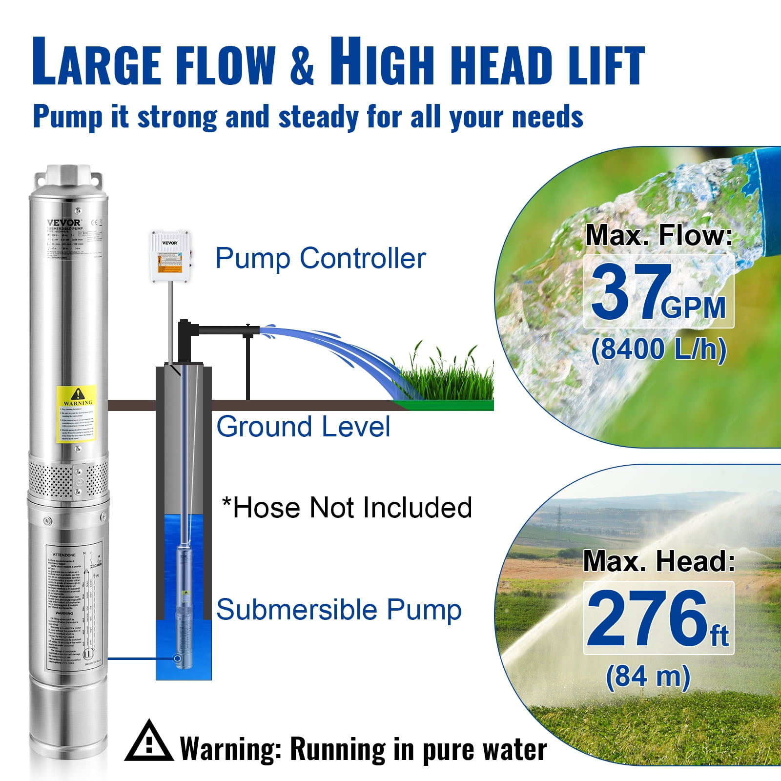 VEVOR 1.5HP 115V/60Hz Deep Well Submersible Pump,4-In Stainless Steel Water Pump,37GPM, 276ft Head, 8-Stage Impeller, 33ft Cord & External Control Box