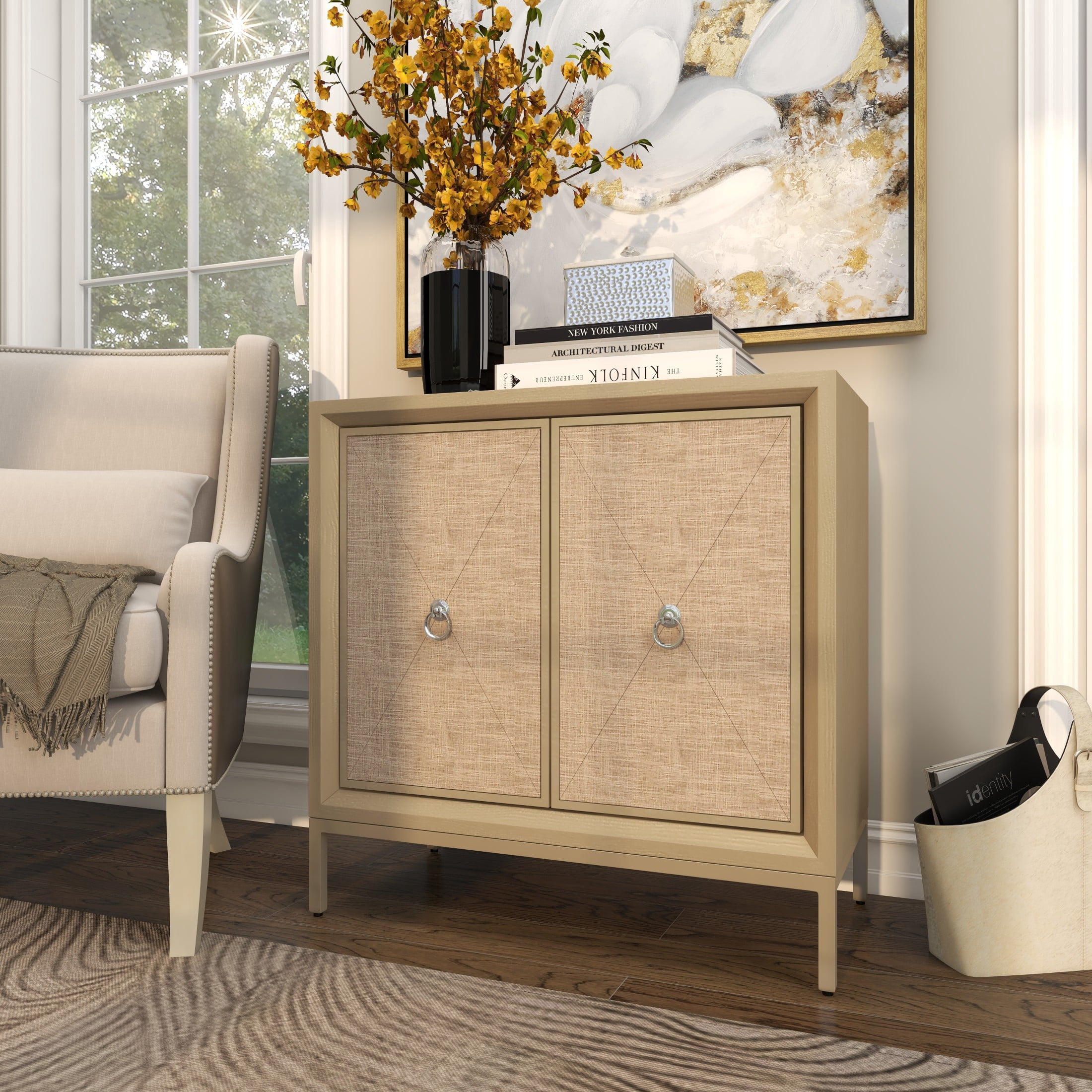 DecMode 32" x 32" Beige Wooden Upholstered Front Panel 2 Door Cabinet with Mirrored Top and Ring Handles, 1-Piece