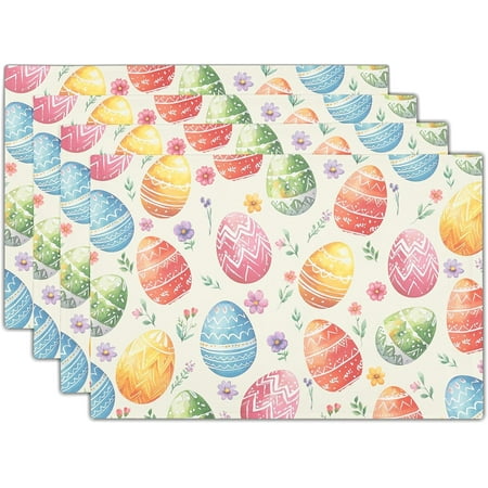 

Easter Placemats Set of 4 Spring Colorful Easter Egg Floral Washable Non-Slip Heat Resistant Place Mats 12x18 Inch Rustic Linen Table Mats for Kitchen Dining Party Decor