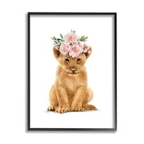 Stupell Industries Boho Rose Floral Crown Lion Cub Safari Animal Novelty Painting Black Framed Art Print Wall Art, 24 x 30, Design by Ziwei Li