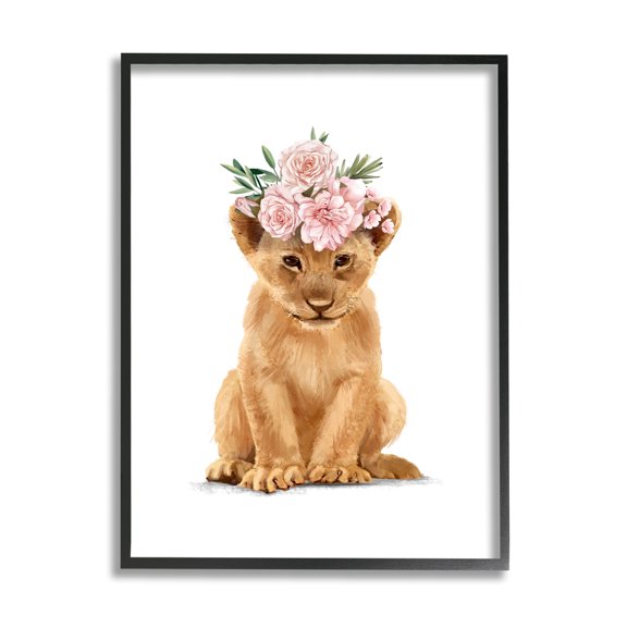 Stupell Industries Boho Rose Floral Crown Lion Cub Safari Animal Novelty Painting Black Framed Art Print Wall Art, 24 x 30, Design by Ziwei Li