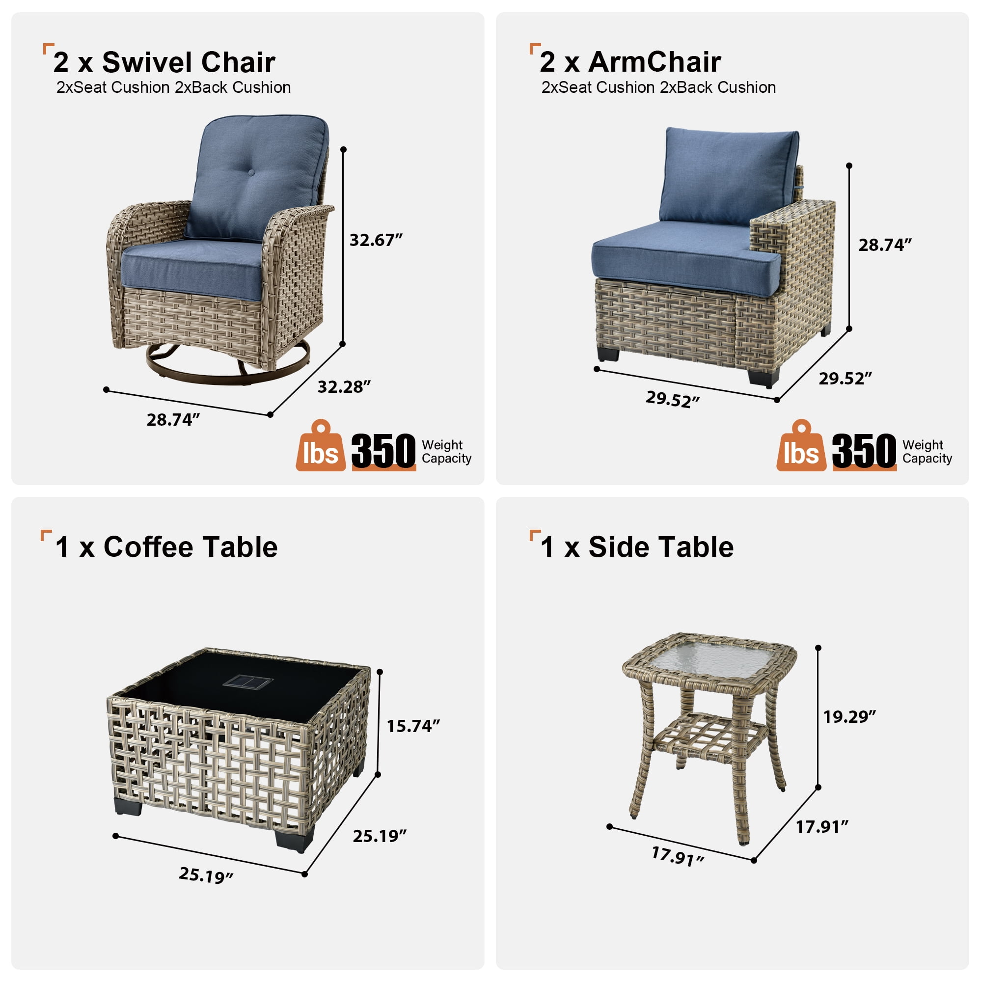 Toject 6 Pieces Patio Furniture Set, All Weather Wicker Patio Conversation Set with Swivel Chairs, Outdoor Furniture for Garden, Denim Blue