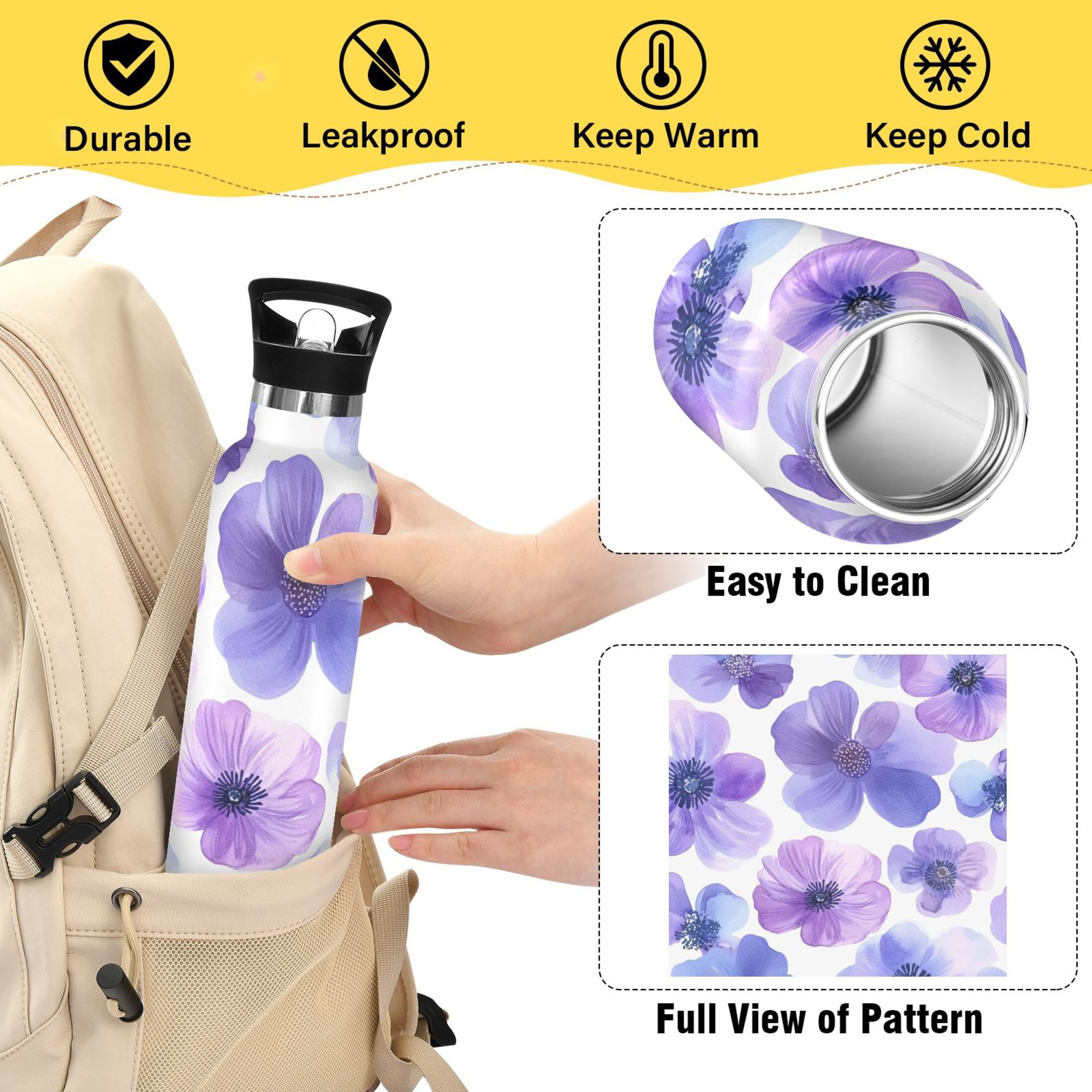 600ML Stainless Steel Insulated Cup Sports Water Bottle Portable Thermos Cup Water Glasses Insulated Tumblers Convenient and Durable Cartoon Lavender Flowers