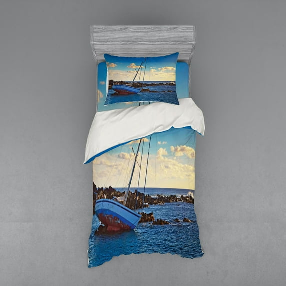 Ambesonne Nautical Bedding Set 3 Pcs, Yacht on Rocks Harbor, Twin XL, Blue Brown