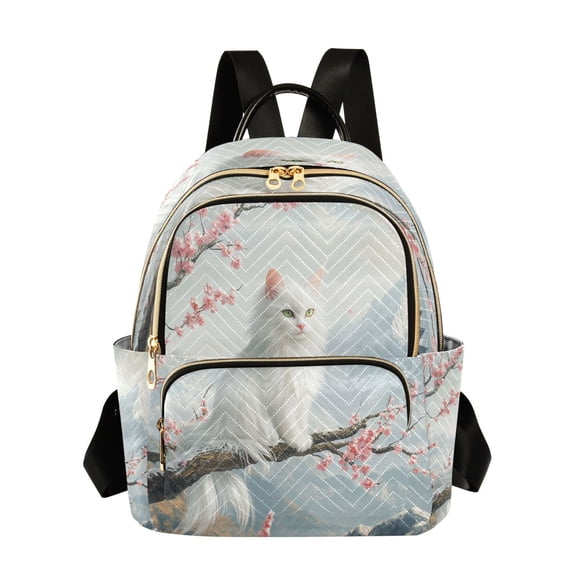 Casual White Cat on Branch in Cherry Blossom Backpack for School,College and Travel, Water Resistant Bookbag,