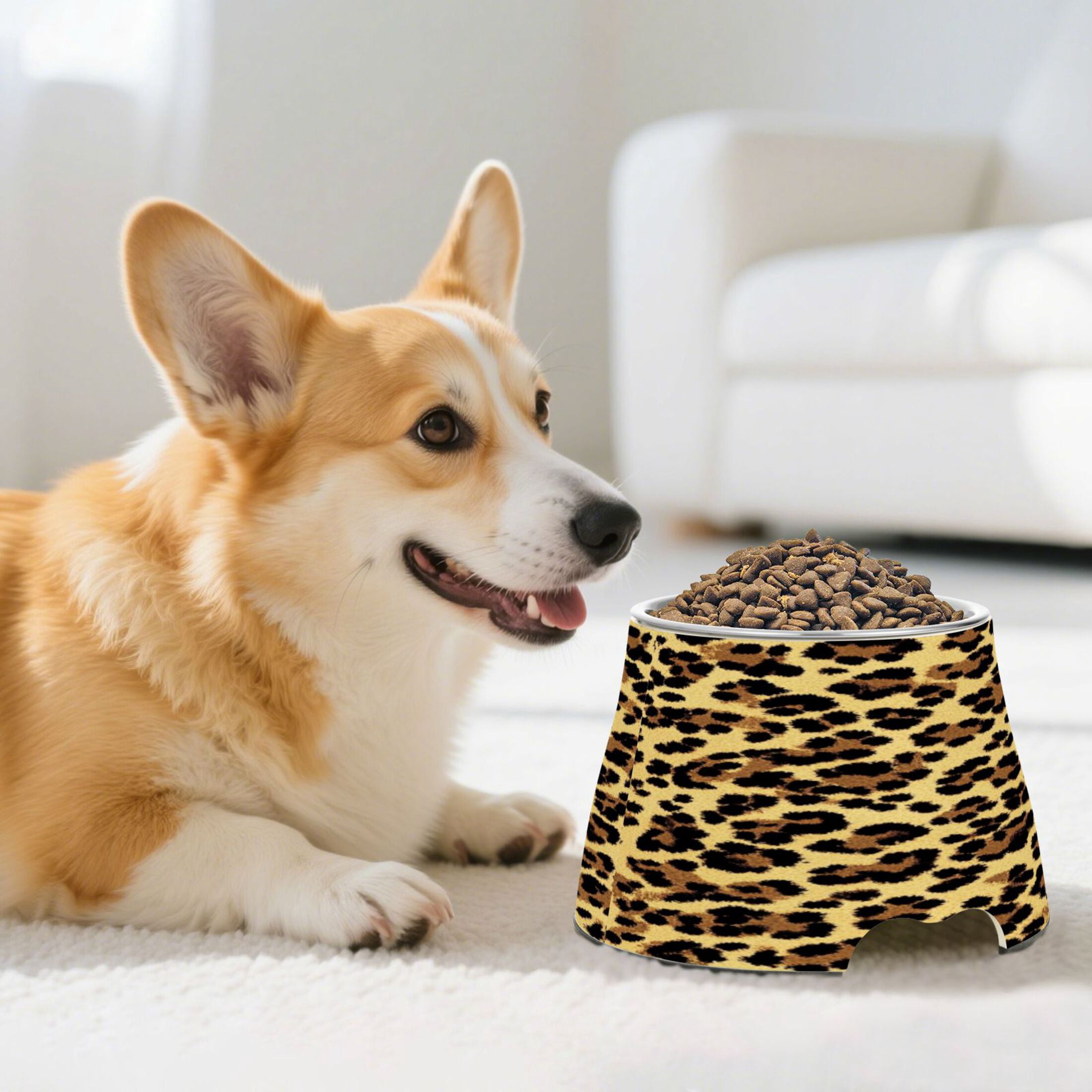 Raised Pet Bowl with Removable Stainless Steel Insert Anti-Slip No-Tip Dog Bowl for Small to Medium Pets Brown Leopard