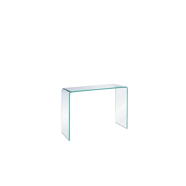 Clear glass console table from the Heavenly Collection featuring un-tempered, bent glass in a sleek waterfall style.