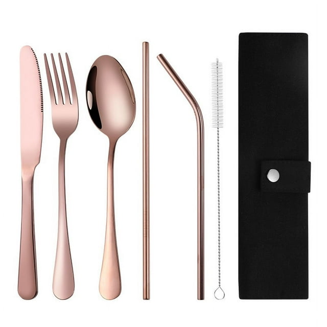 XmhyTop Ensemble de 2 Couverts - Ensemble d'Ustensiles Portables en Acier Inoxydable avec Étui Réutilisable pour Camping Voyage, Comprend un Sac de Rangement - Or Rose