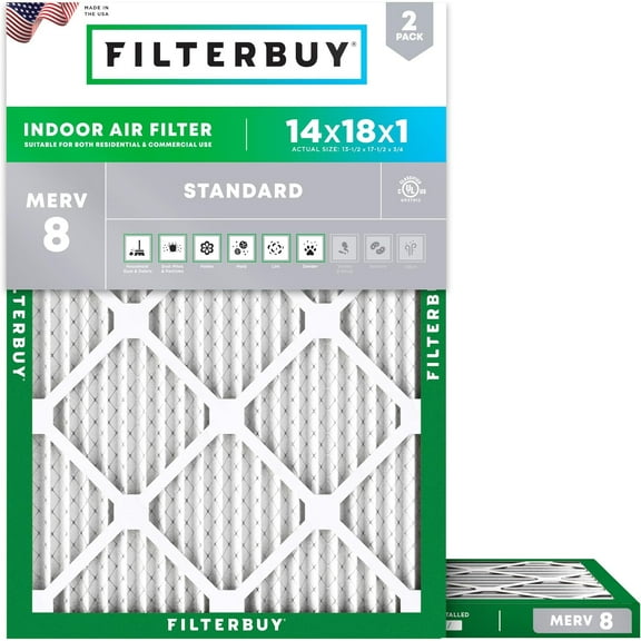 Filterbuy 14x18x1 MERV 8 Dust Defense, Pleated HVAC AC Furnace Air Filters (2-Pack)