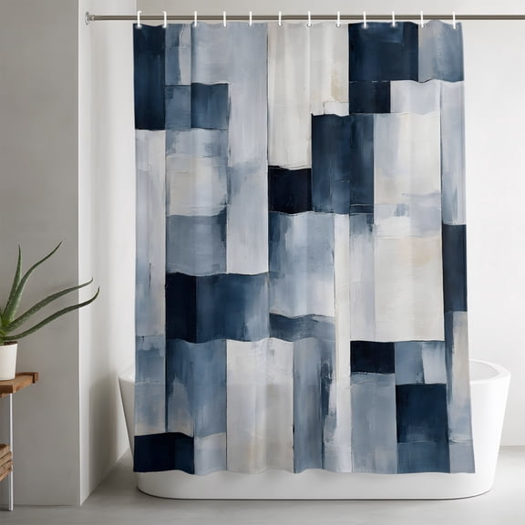 Shower Curtains for Bathroom-36"x72",Abstract Blue White Color Block Waterproof Bath Curtain Grommet Shower Curtain Set with Hooks,