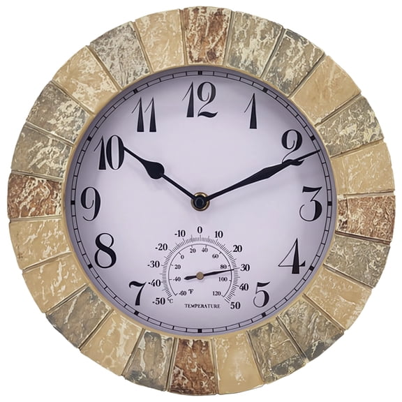 10 in / 26 cm Waterproof Outdoor Clock Thermometer Combo, Battery Operated, Decorative Polyresin Stone Clock for Patio, Garden, Weather Resistant, Easy to Read