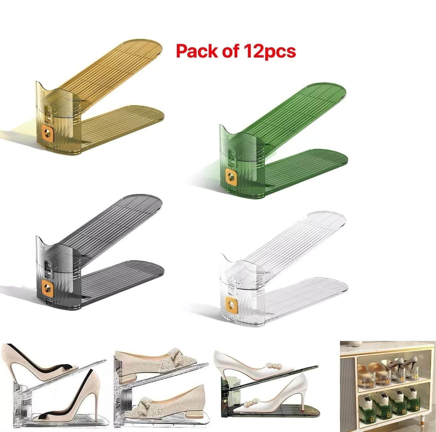 HYGRAD BUILT TO SURVIVE Pack Of 12 Pcs Shoe Slots Organiser Storage, Adjustable 3-Level Height - Non-Slip Shoe Holder- Space Saver For Shoe Durable and Stacker Closet Rack For Sneakers Heels and Flat