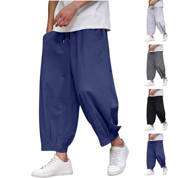 Bixock Men Cargo Jogger Sweatpants,Wide Leg Pant,Men for Pants Casual Pocket Drawstring Solid Color Elastic Waist Ankle Length Long Pants