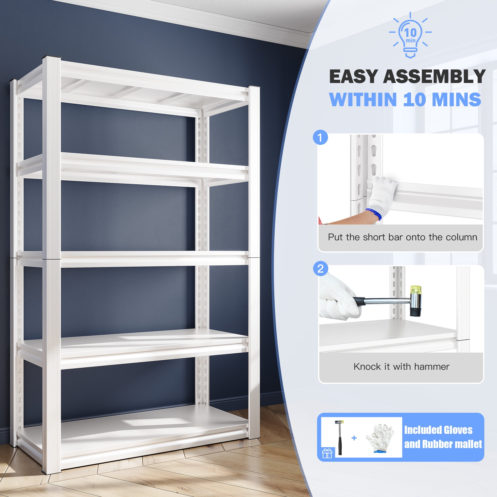 REIBII Garage Shelves Unit Heavy Duty 2000LBS Storage Shelves Pantry Shelves for Closet Storage Kitchen Shelves with 5 Tier Metal Shelving,White