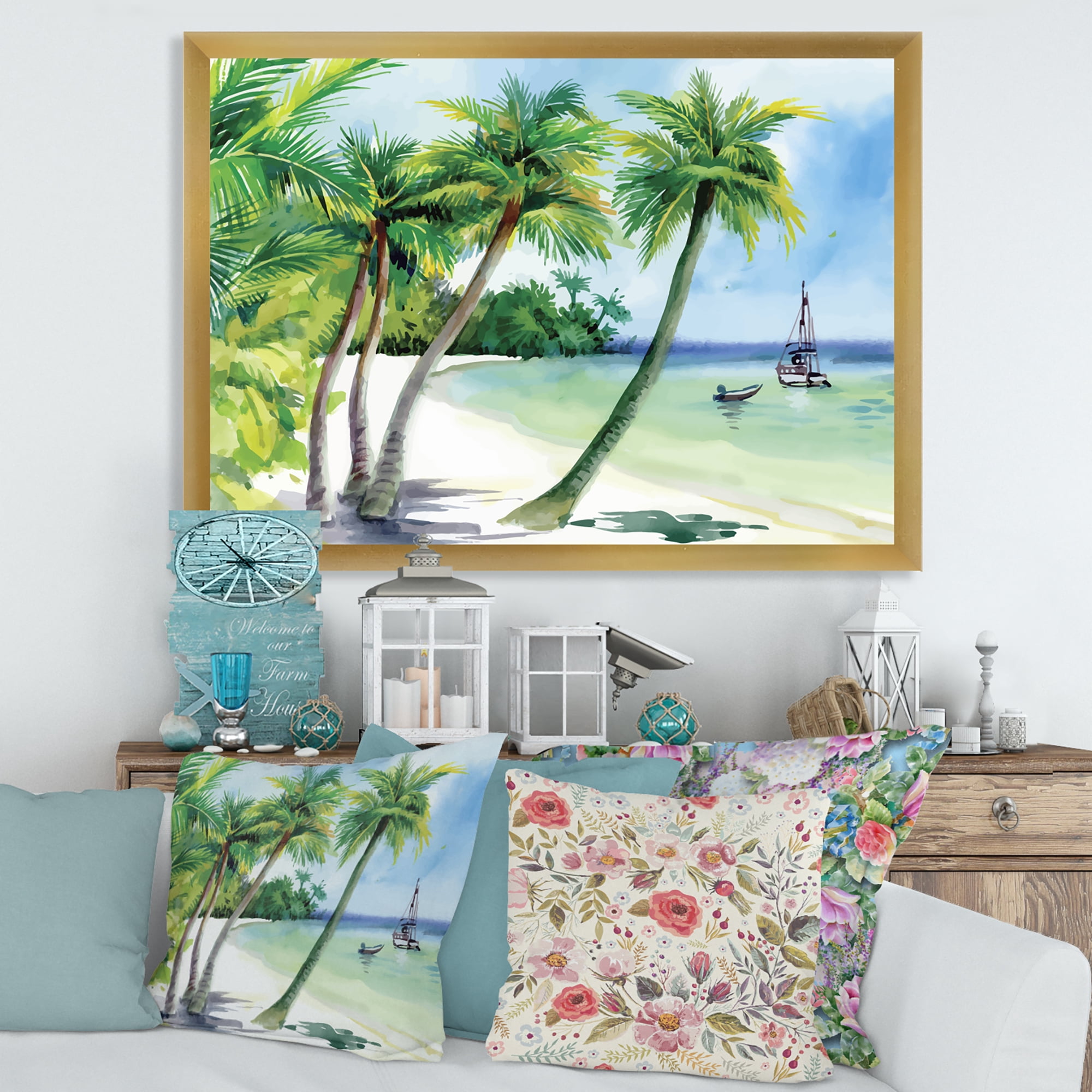 Designart 'Palm Trees With Summer Beach' Nautical & Coastal Framed Art Print