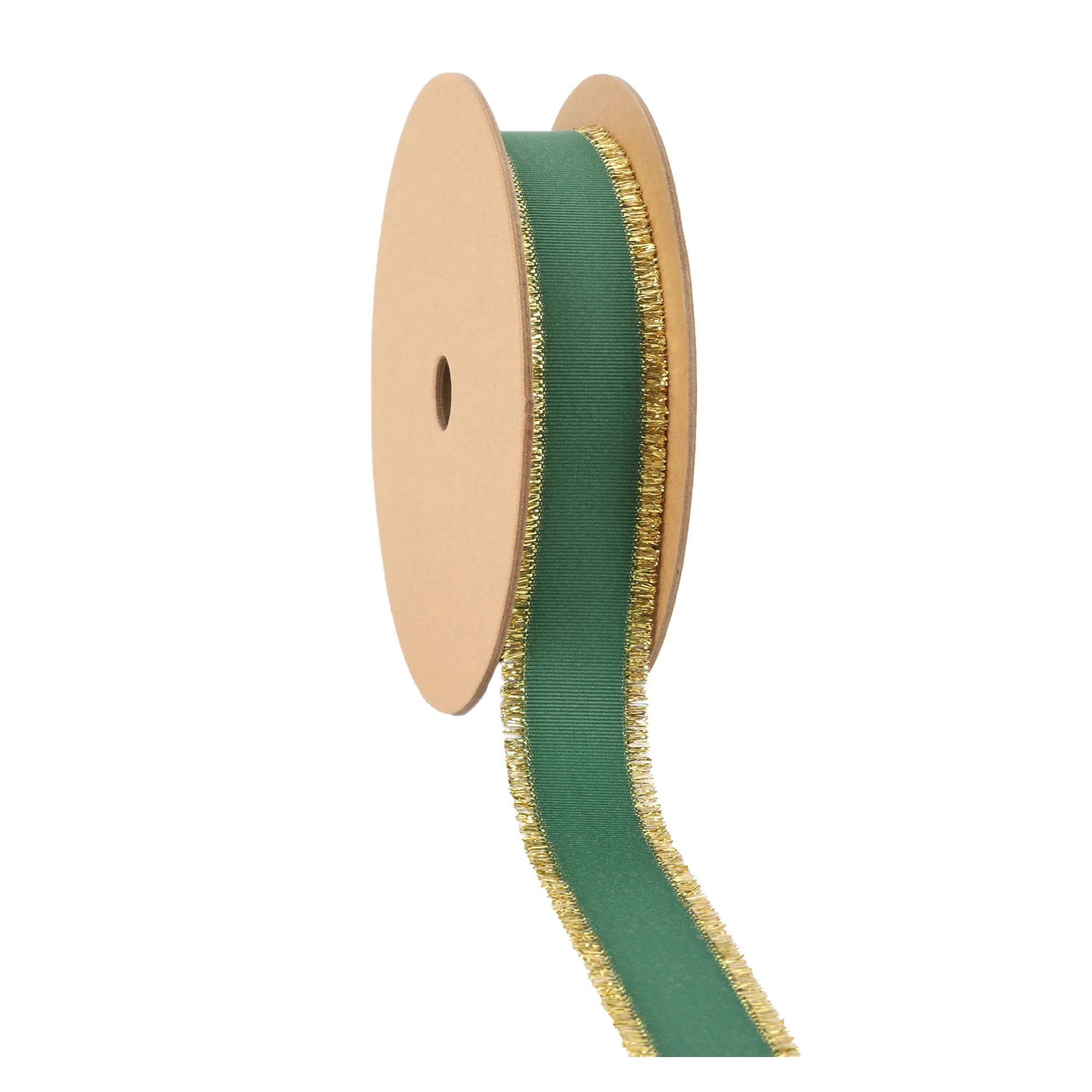 LaRibbons 1" Textured Grosgrain Ribbon | Gold Metallic Fringe Green | 25 Yard Roll