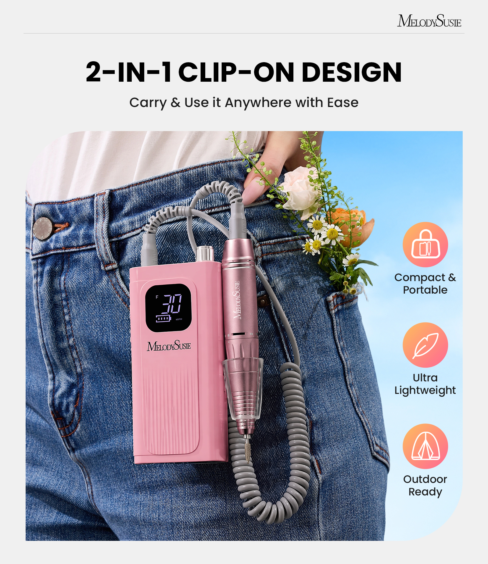 MelodySusie SC300E Clip-On Cordless Nail Drill, 30000 RPM, Pink photo 4