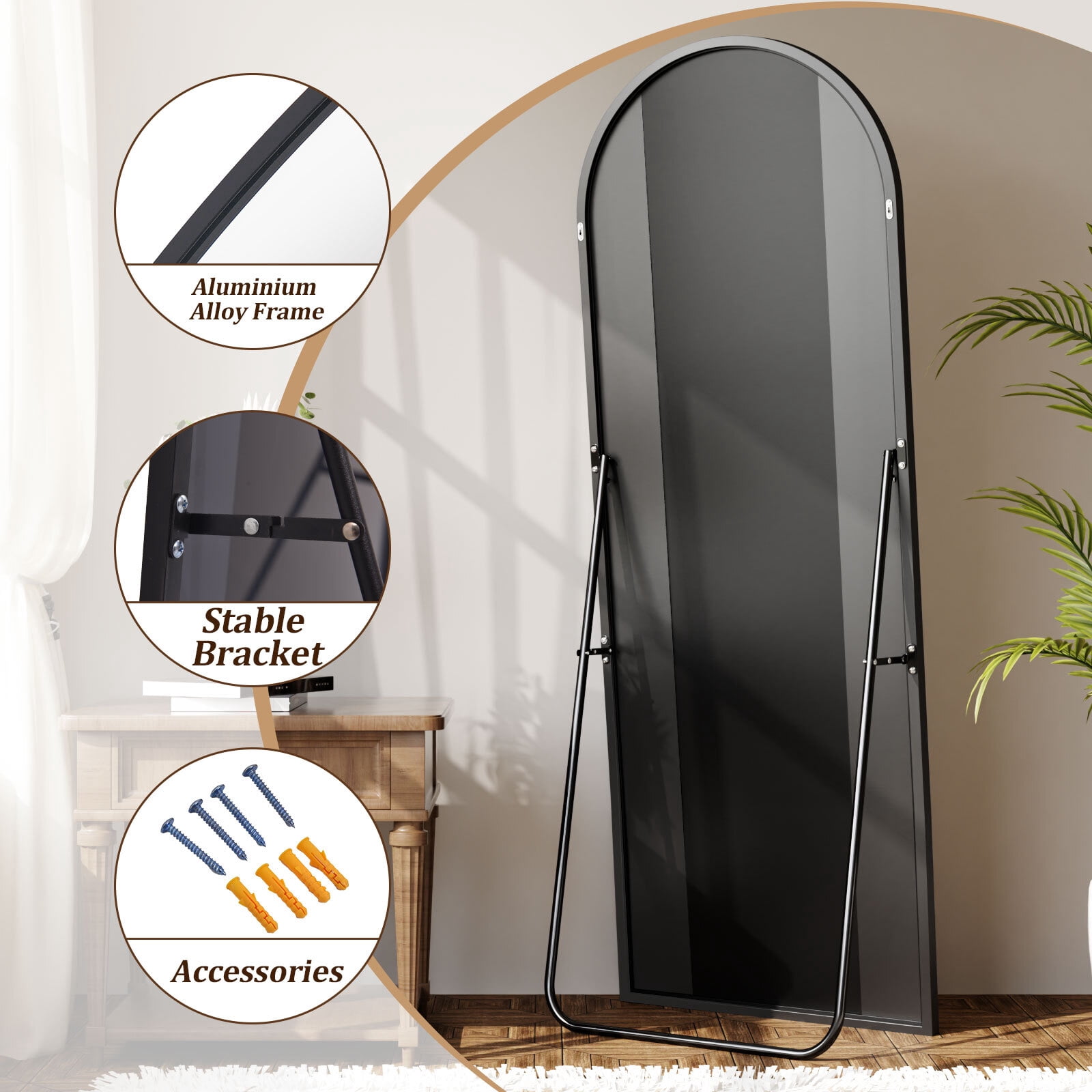 Mirstory 64"x21" Floor Mirror Arched Full Body Dressing Mirror, Black