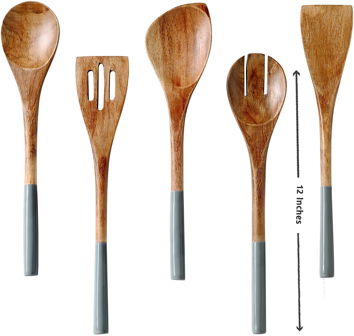 Folkulture Wooden Spoons for Cooking, Set of 5 Wooden Utensils for Cooking, Nonstick Wooden Cooking Utensils, Kitchen Utensil Sets with Wooden Spoon Sets and Wooden Spatula - Gray/Grey