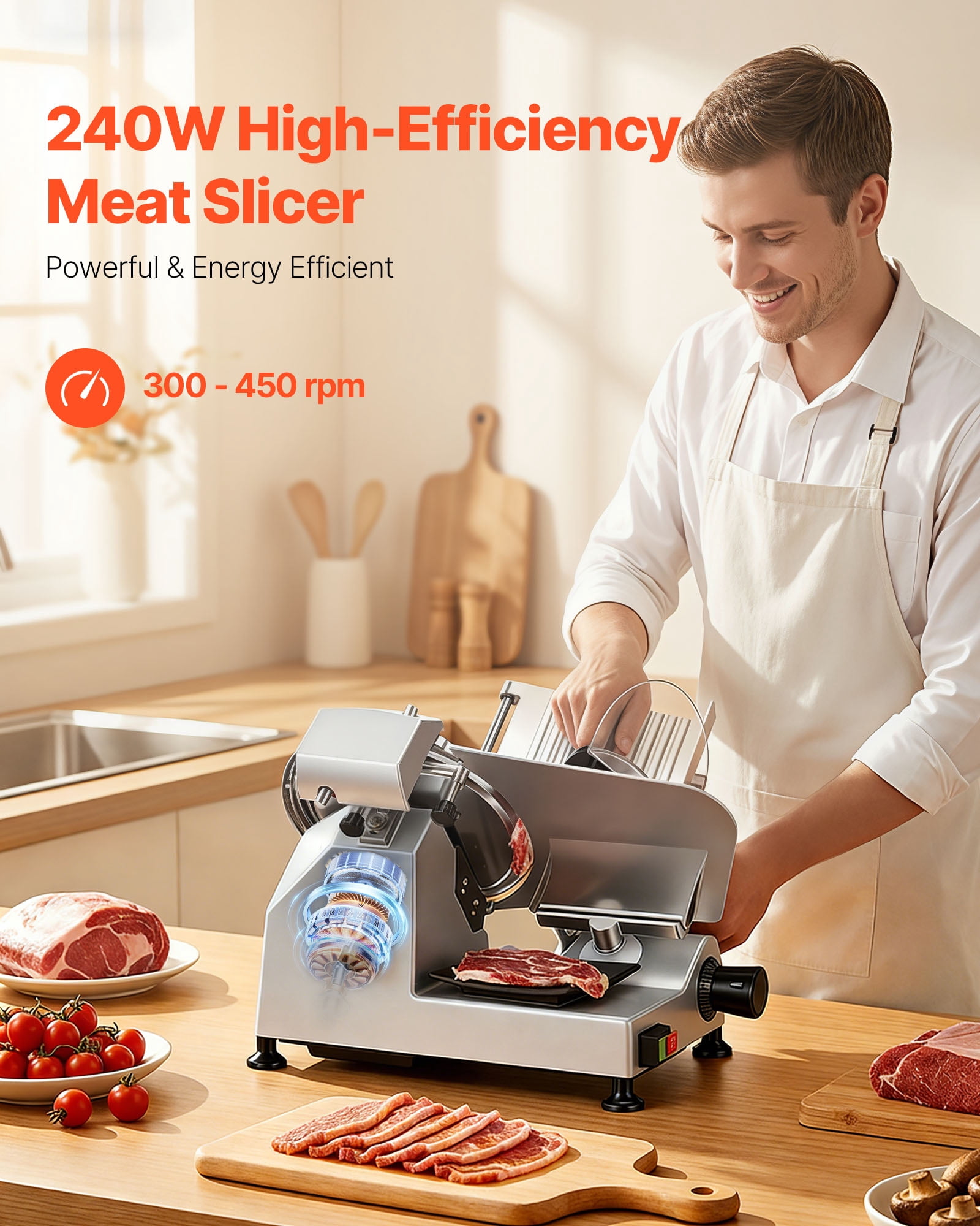 VEVOR 10" Commercial Meat Slicer, 240W Electric Deli Food Slicer with Carbon Steel Blade, Built-In Sharpener & 0-0.47" Adjustable Thickness for Frozen Meat, Ham, Baguett, Steak, UL Approved