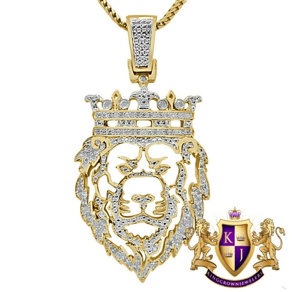 Real Genuine Diamond Lion King Head Pendant Charm   Chain 10K Yellow Gold Finish