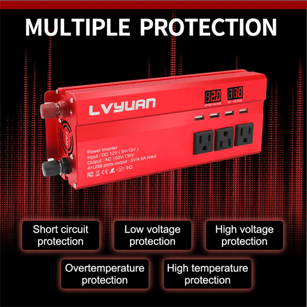 LVYUAN 1300W/2600W Peak Power Inverter DC 12V to AC 110V, 4 AC Outlets & 4 USB Ports (3.1A), Modified Sine Wave Car Inverter with LED Display for RV, Truck, Camping, Home, Emergency Power