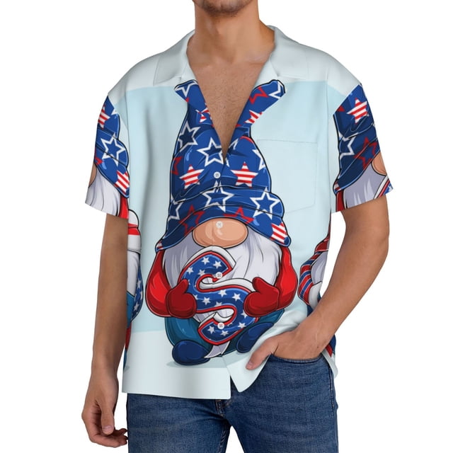 Balery Cute Gnomes in USA1 Camisa Casual de Manga Corta con Botones para Hombre, Texturizada, Estilo Cubano, para Playa, Verano-Small
