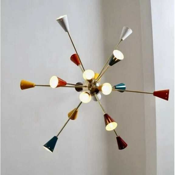 Large Mid Century Multicolor Sputnik Chandelier – Stilnovo Style Atomic Light Fixture, Retro Modern Statement Lighting