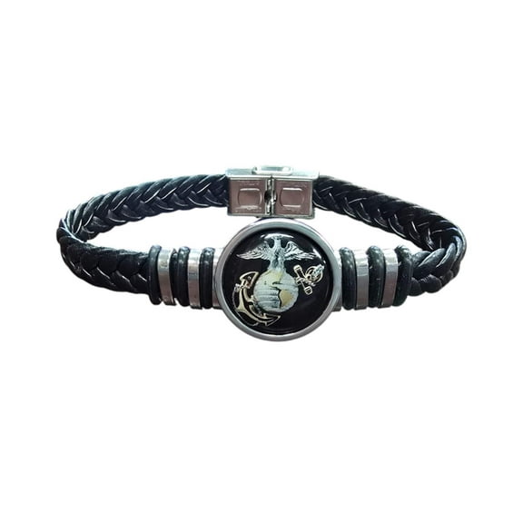 Marine Corps Eagle Globe Anchor EGA Unisex Black Braided Leather Bracelet |Made in the USA |Officially Licensed