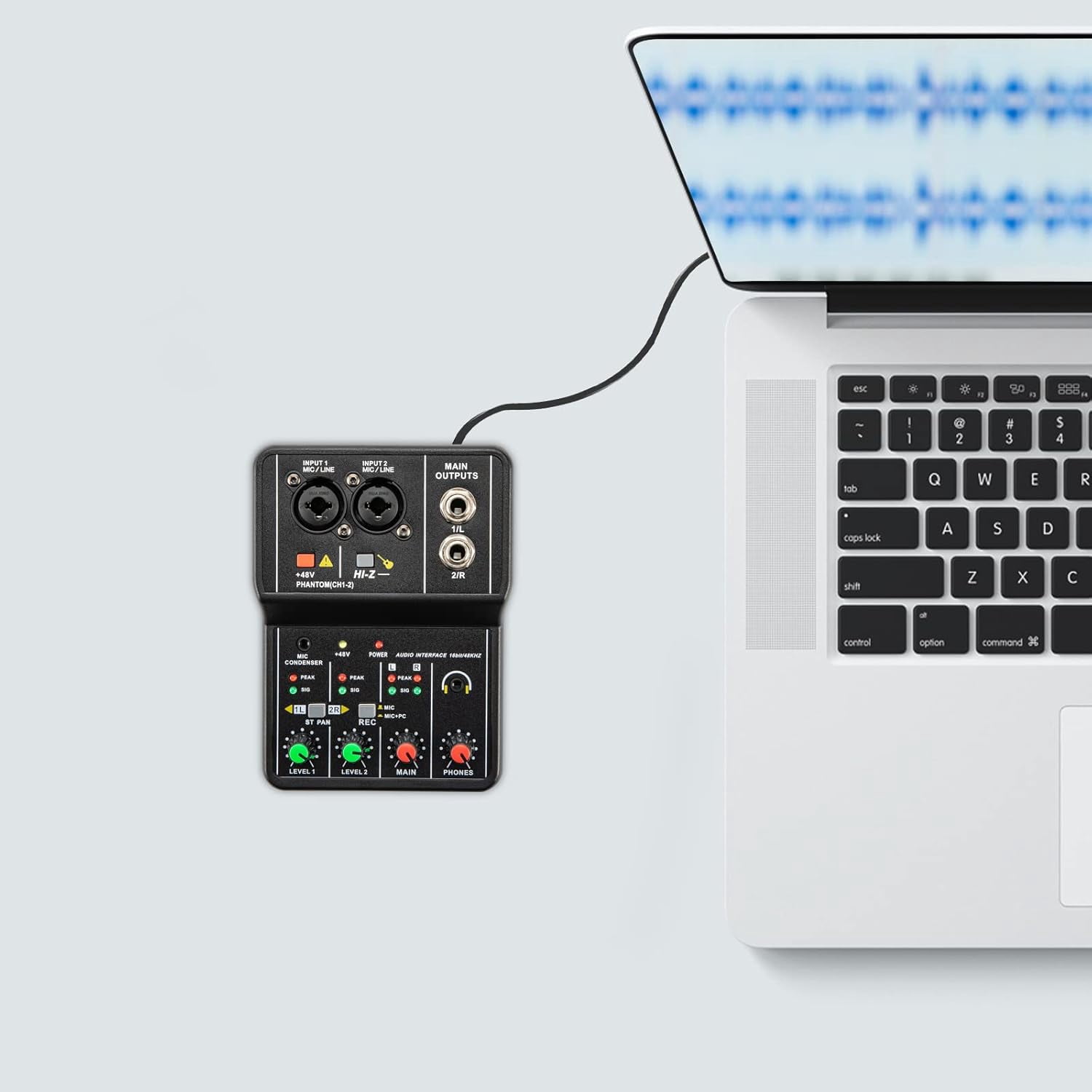 Portable Mini Mixer 2 Channel Audio DJ Console USB 48V Phantom Power Combo Jack Microphone/Guitar XLR+6.35mm, 3.5mm Stereo in for PC Recording Singing Webcast Party