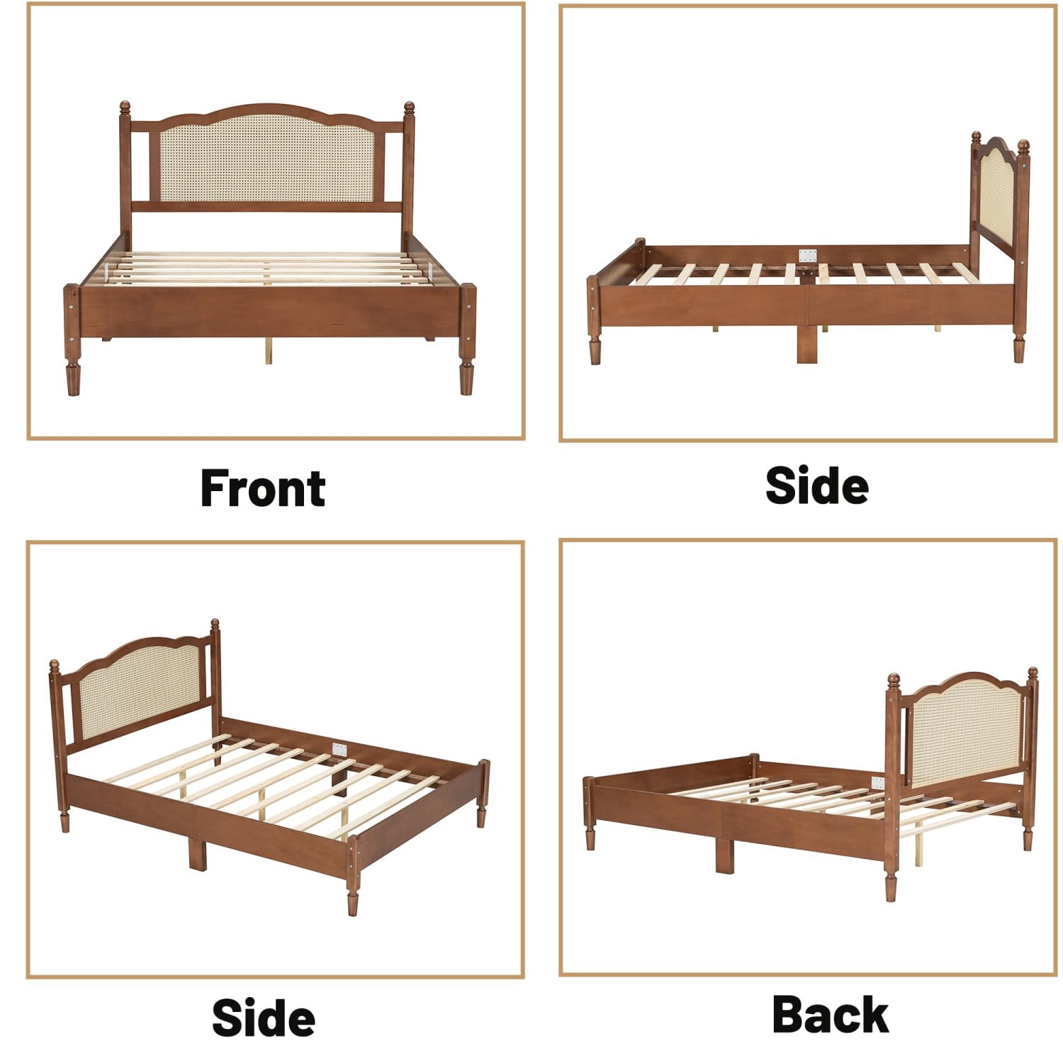 Aukfa Solid Wood Queen Size Bed Frame with Natural Rattan Headboard, Walnut