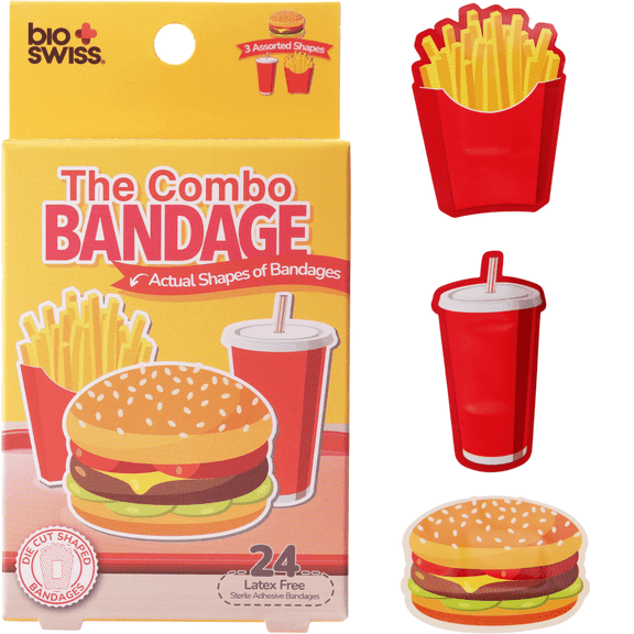 BioSwiss Bandages, Combo Meal Shaped Self Adhesive Bandages, Latex Free Sterile Wound Care, 24 Count