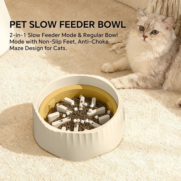 2-in-1 Detachable Cat Slow Feeder Bowl, Anti-Choke Maze Pet Bowl with Non-Slip Feet, Convertible to Regular Food Water Bowl, Washable Slow Feeder for Cats & Small Dogs