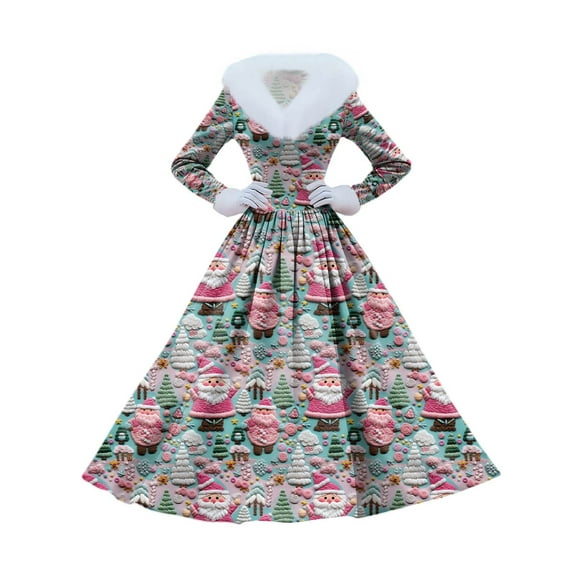 Women's Casual Dress Long-Sleeve V-Neck Patchwork Fleece Christmas Print Dress for Warm Holiday Wear and Cozy Fashion,Blue,XL