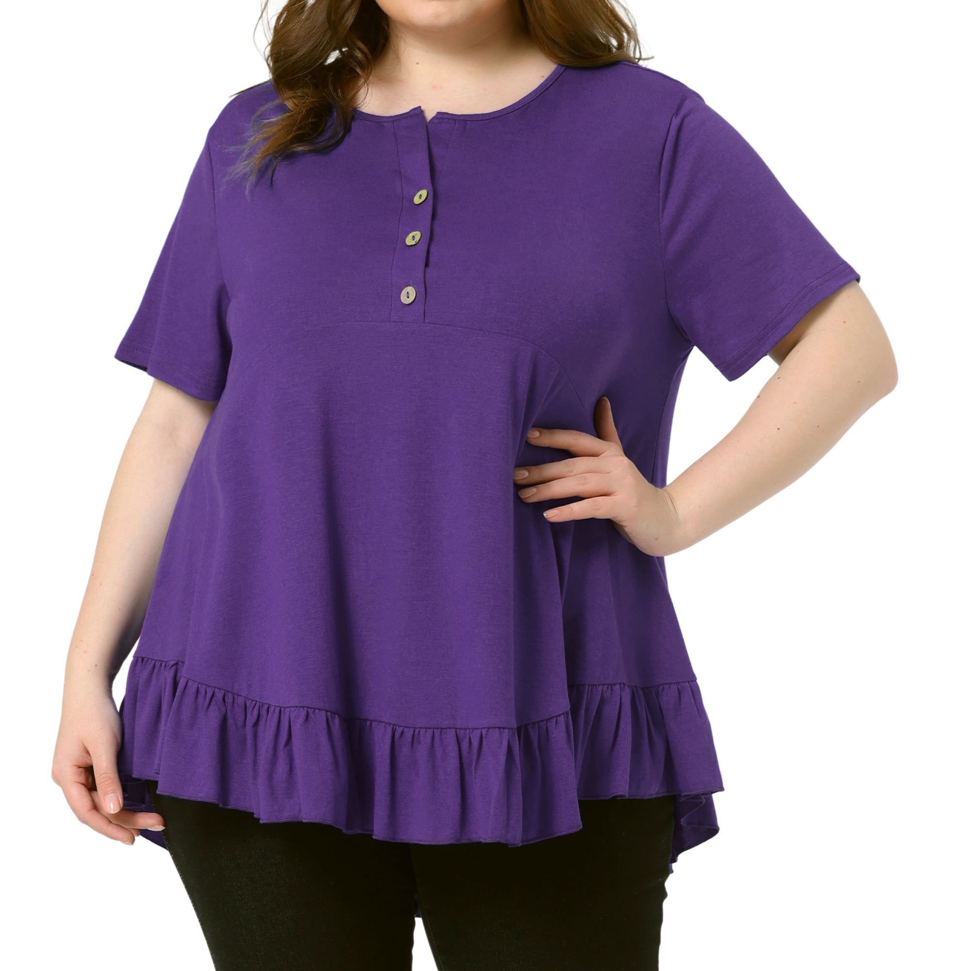 Women's Plus T Shirts Henley V Neck Button Up Short Sleeve Ruffled Hem Blouses Tops 1X Purple