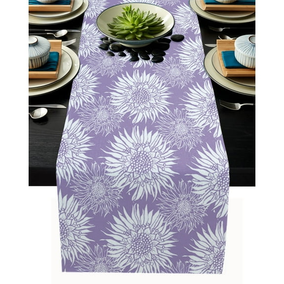 Table Runner Dresser Scarves 90 Inch Long, Blooming Sunflowers on Purple Linen Dining Table Runners Nature Spring Flower Blossom Tabletop Scarf for Wedding Holiday Party Kitchen