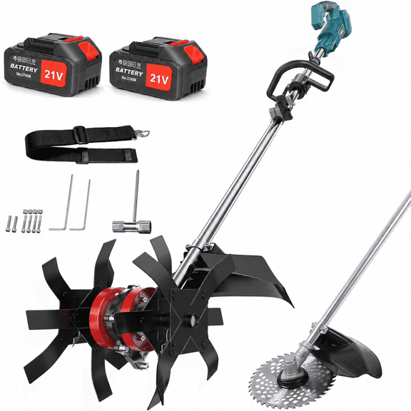 Susuzi 21V Cordless Tiller Cultivator, 2-in-1 Electric Garden Rototiller & Brush Cutter, 500 RPM Brushless Motor, 2 x 2.6Ah Batteries, 9-Inch Tilling Width