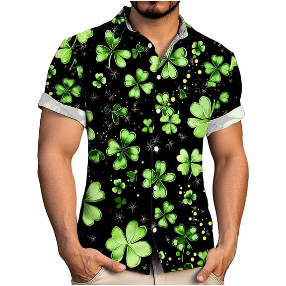 Blczomt Button Down T Shirts for Men St.Patrick's Day Green Big & Tall Big and Tall T-Shirt Clover Graphic Casual Button Up Tees Men