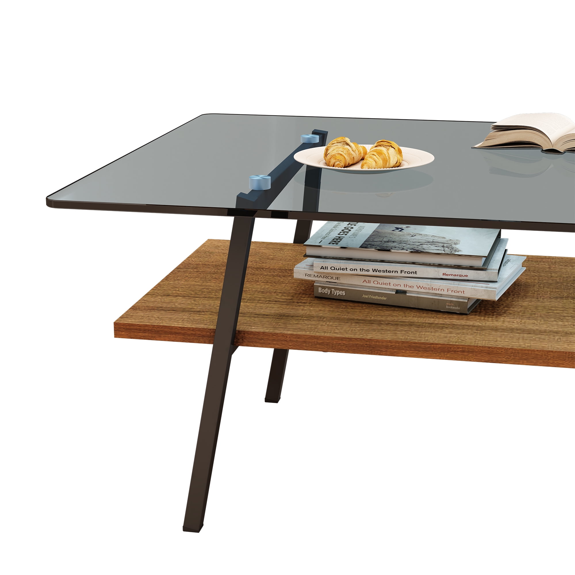 Holaki Glass Coffee Table, Rectangle Tempered Glass Table, 2-Tier Center Table  with Clear Tempered Glass Top Metal Leg, Mordern Home Office Furniture