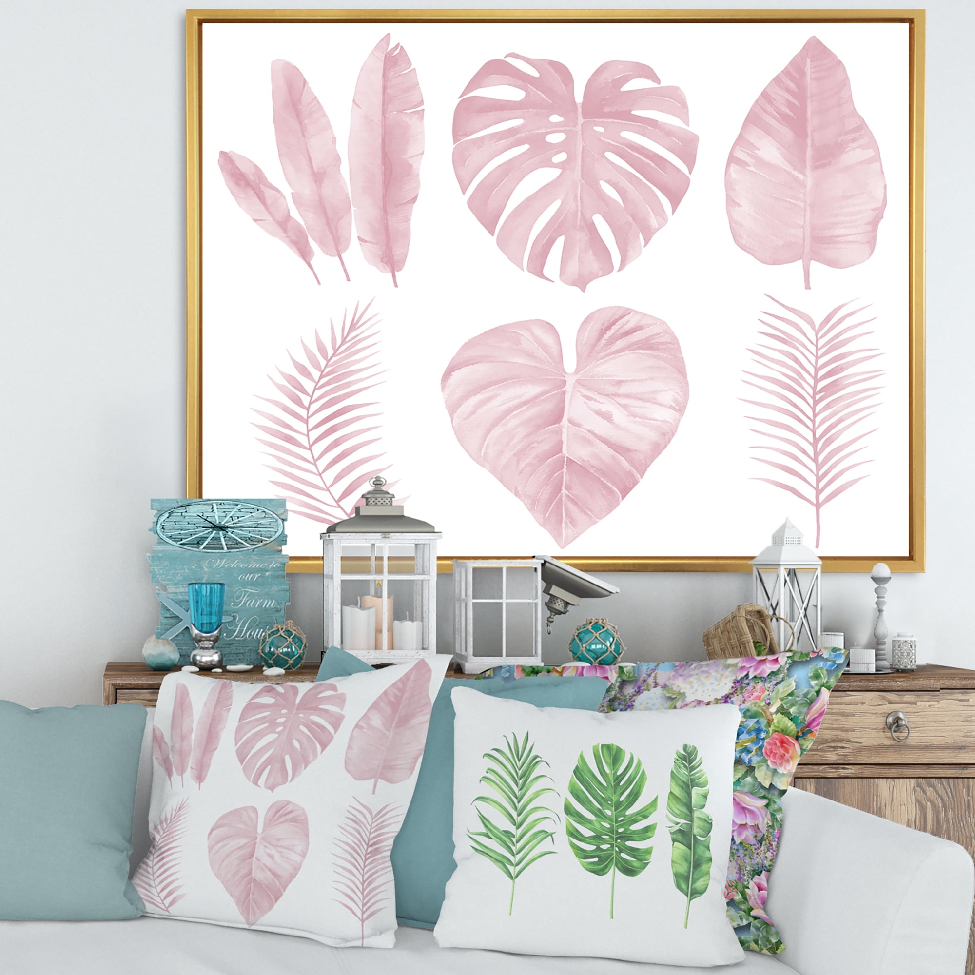 Designart 'Tropical Pink Watercolour Leaves On White I' Shabby Chic Framed Canvas Wall Art Print