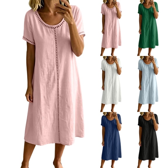 Horkkom T Shirt Dress Women Solid Color Short Sleeve Crew Neck Midi Dresses Summer Loose Casual Dresses, S-3XL