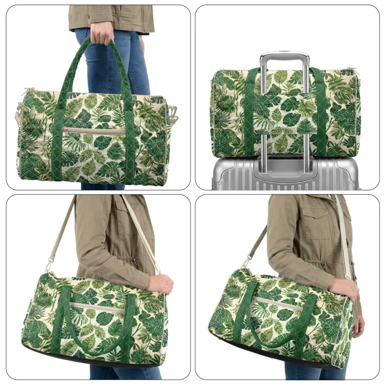 Chririnla Tropical Leaf Print Versatile Weekender Bag with Quilted Fabric & Luggage Handle Strap for Man Women Unisex Gym Bag Fits Under Seat