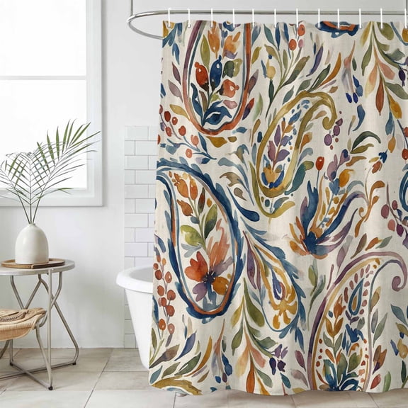 Paisley Flower Standard Shower Curtain Set, Waterproof Shower Curtains for Bathroom, Spring Watercolor Vintage Floral Leaf Plant Washable Fabric Bath Curtain for Bathtub with Hooks 72x72 Inches