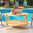 thumbnail image 3 of Hassch 31.5" Round Accent Table, 2-Tier Boho Coffee Table w/ Water Ripple Tempered Glass Top, Rubber Wood Frame and Rattan Storage Shelf, Easy Assembly, Natural, 3 of 10