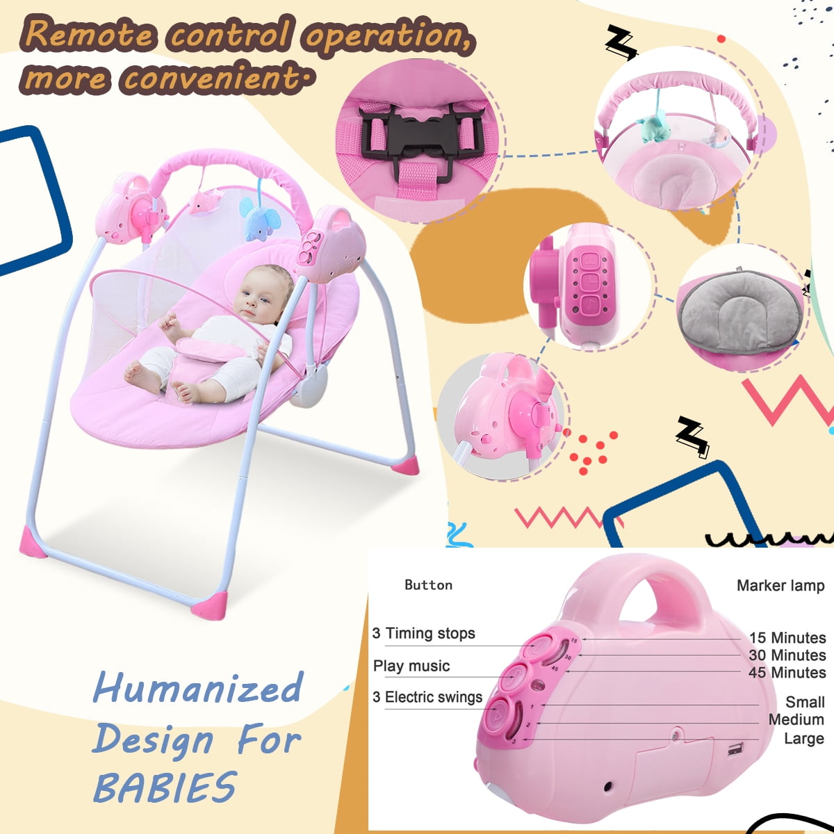 HAOUUCYIN Electric Baby Swing, Portable Infant Bouncer Cradle with bluetooth Music and Remote Control, Pink