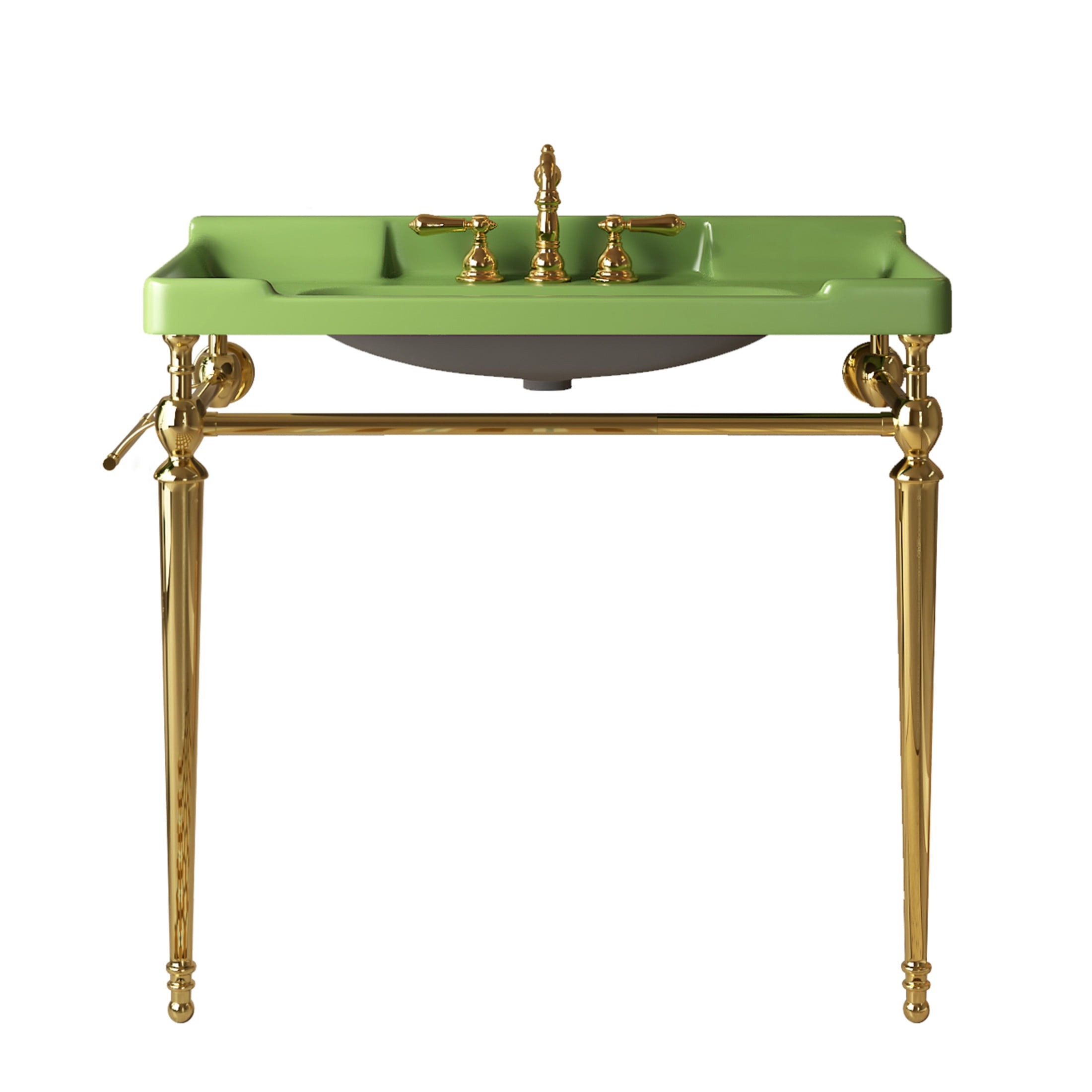 Noble House VICI 36" Bathroom Console Sink, Wall-Mounted Ceramic Basin Vanity with Stainless Steel Legs, Green & Gold