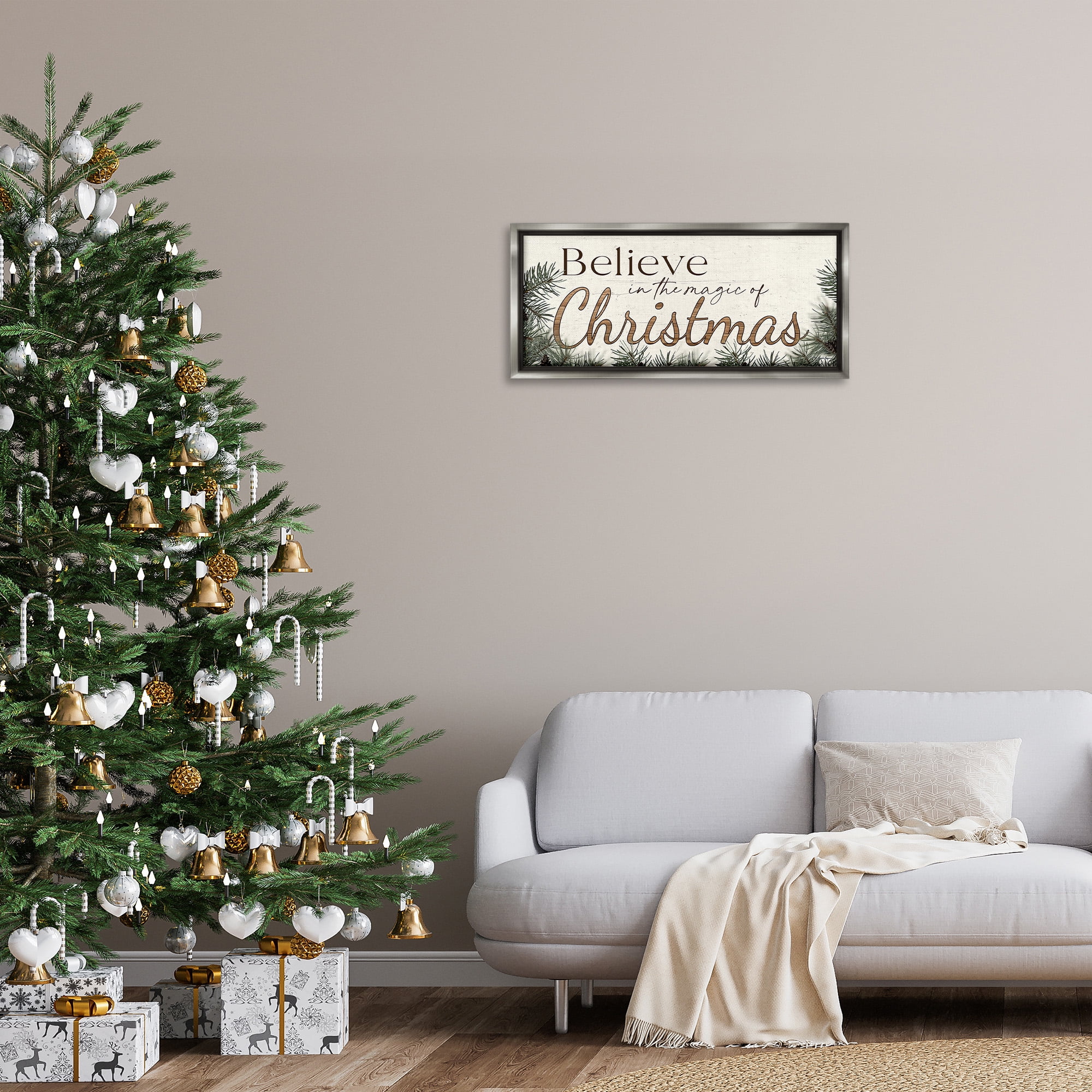 Stupell Industries Magic Of Christmas Phrase Holiday Painting Gray Floater Framed Canvas Art Print Wall Art, 31 x 14